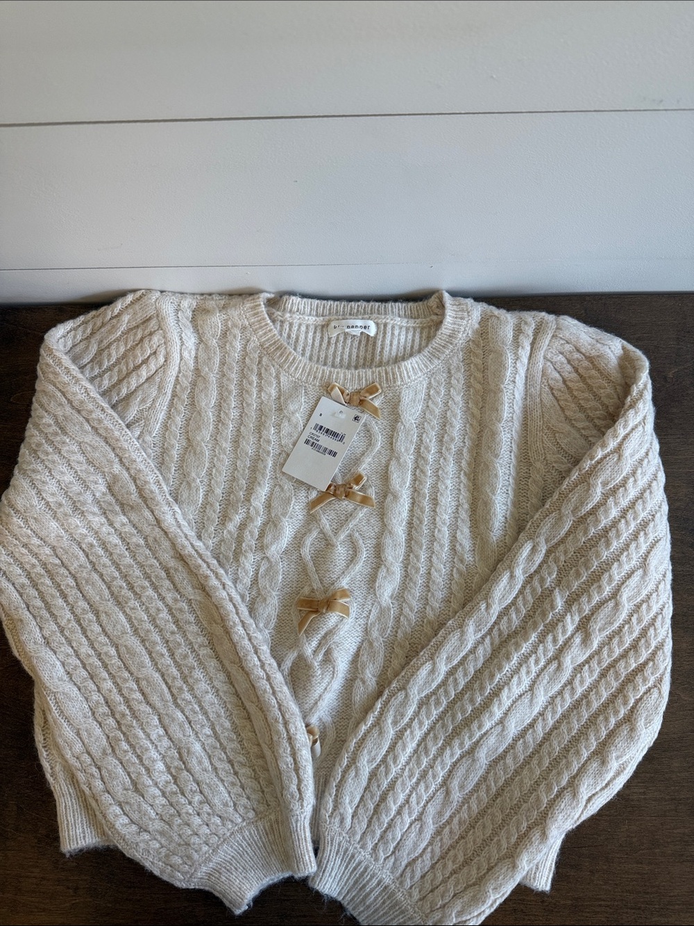 Blu Pepper Cream Cable Knit Crewneck Sweater with Bow Accents